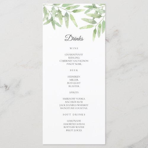 Elegant Olive Branch Simple wedding Bar Menu