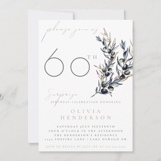 Elegant Olive Branch Surprise Birthday Invitation (Front)