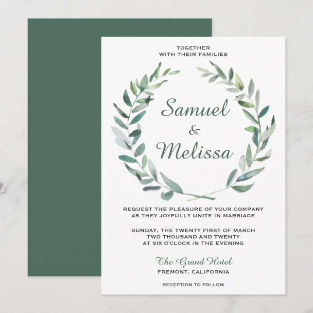 Elegant Olive Branch Watercolor Wedding Invitation (Front/Back)