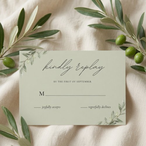 Elegant Olive Branch Wedding Green RSVP Card