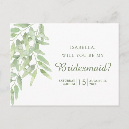 Elegant Olive Branch Will you be my bridesmaid Postcard