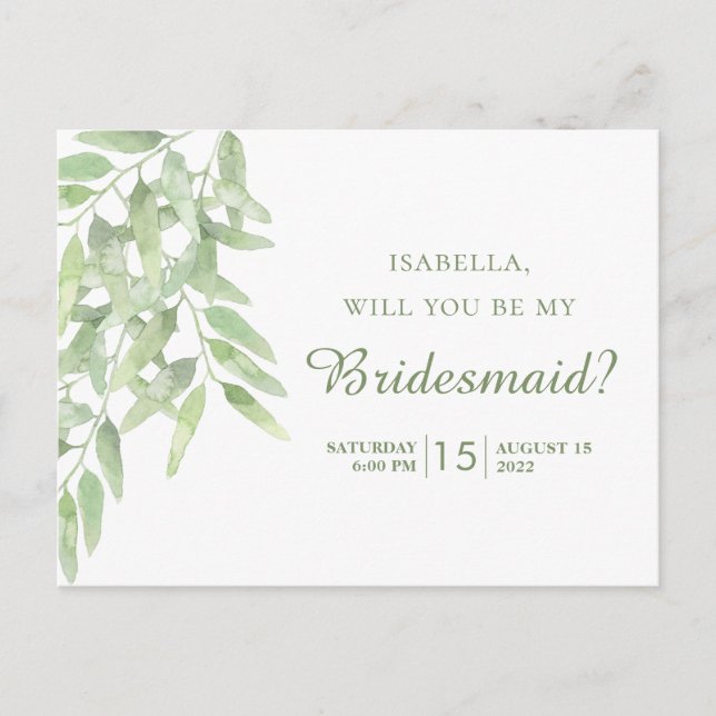 Elegant Olive Branch. Will you be my bridesmaid Postcard (Front)