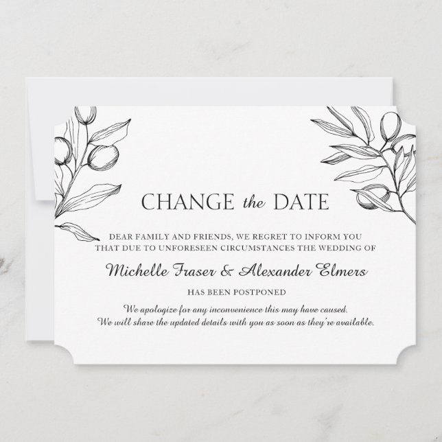Elegant Olive Branches. Black white Wedding change Save The Date (Front)