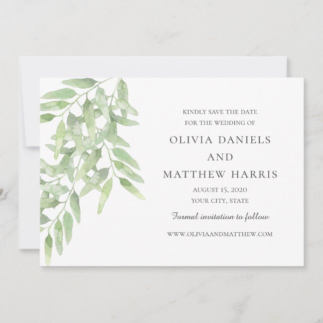 Elegant Olive Branches. Botanical simple wedding Save The Date (Front)