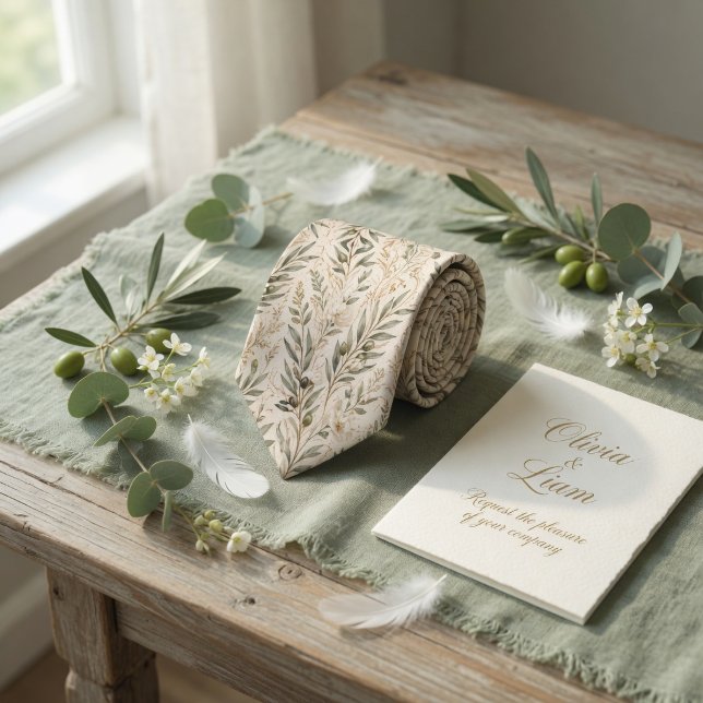 Elegant Olive Branches & Ivory Floral Neck Tie (Creator Uploaded)