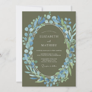 Elegant Olive Cornflower Wreath Wedding Invitation