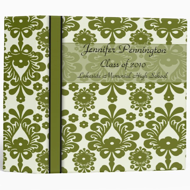 Elegant olive damask school memory avery binder (Front/Spine)