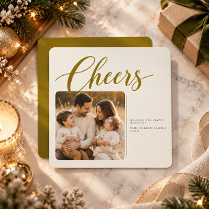 Elegant Olive Gold Script Cheers Photo Christmas Holiday Card