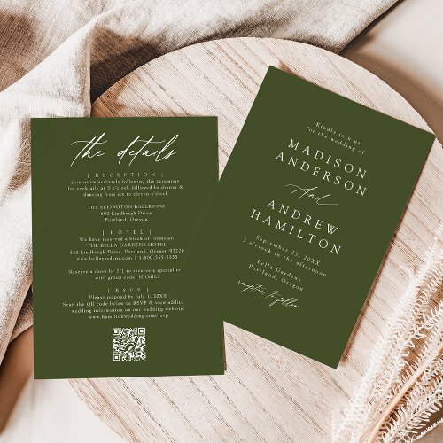 Elegant Olive Green All In One QR Code Wedding Invitation