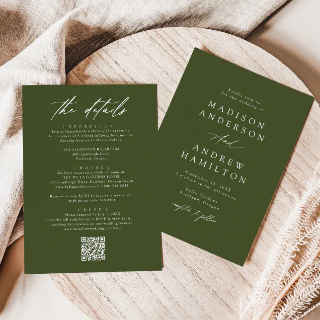 Elegant Olive Green All In One QR Code Wedding Invitation | Zazzle