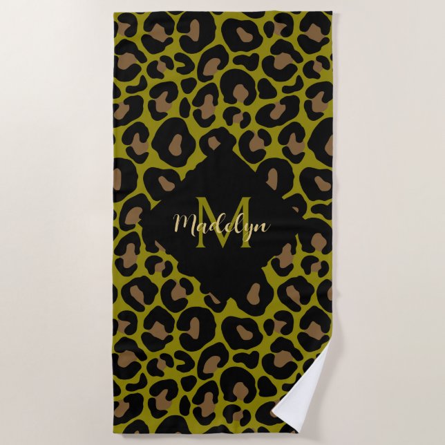 Elegant olive green and black leopard Monogrammed  Beach Towel (Front)