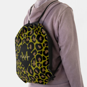 Elegant olive green and black leopard Monogrammed  Drawstring Bag