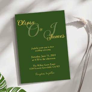 Elegant Olive Green and Gold Monogram Wedding  Invitation