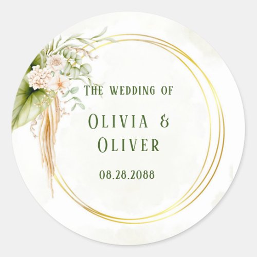 Elegant Olive Green and Gold Wedding Classic Round Sticker