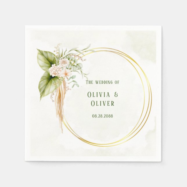 Elegant Olive Green and Gold Wedding Napkins (Front)