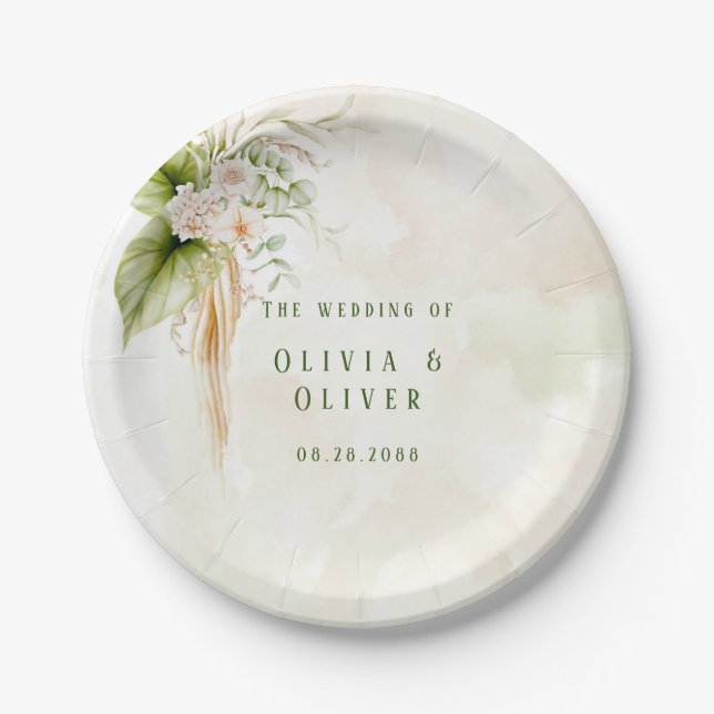 Elegant Olive Green and Gold Wedding Paper Plates (Front)