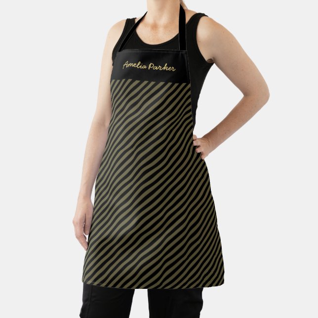 Elegant Olive Green Black Striped Pattern Stylish Apron (Insitu)