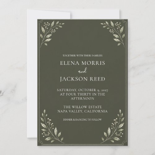 Elegant Olive Green Botanical Photo Wedding Invitation