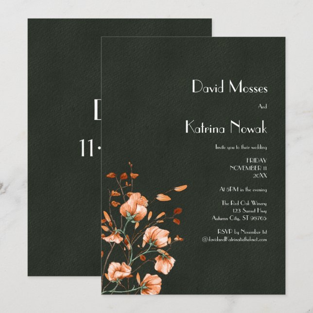 Elegant Olive Green Burnt Orange Florals Wedding Invitation (Front/Back)