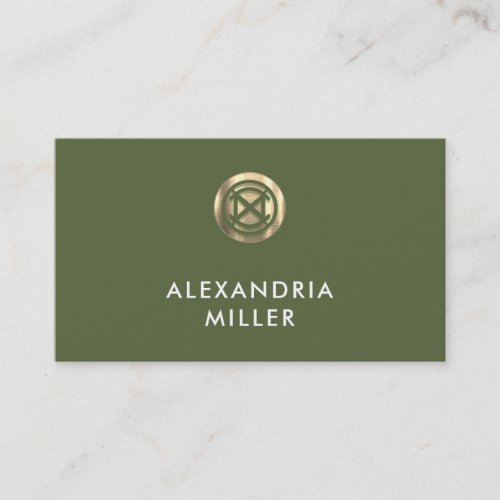 Elegant Olive Green Business Card with Gold Emblem
