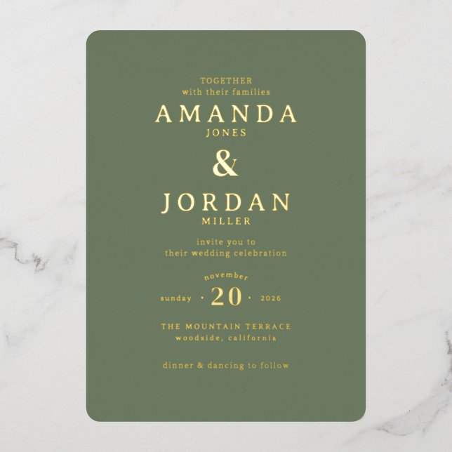 Elegant Olive Green Calligraphy Foil Invitation (Front)