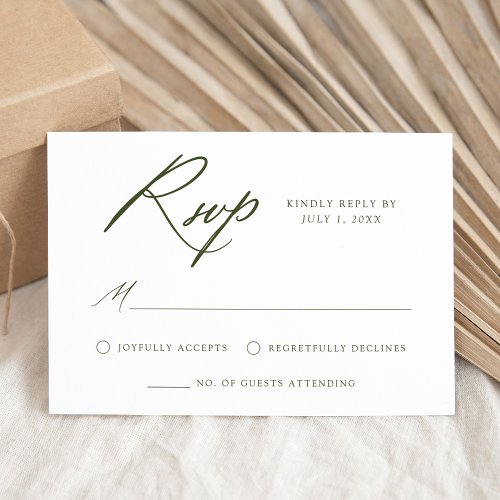 Elegant Olive Green Calligraphy Wedding RSVP Card