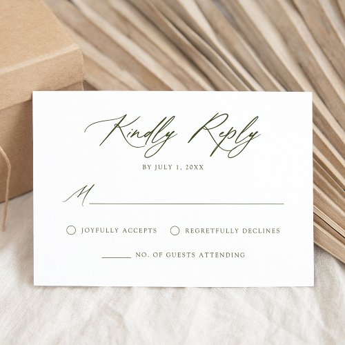 Elegant Olive Green Calligraphy Wedding RSVP Card