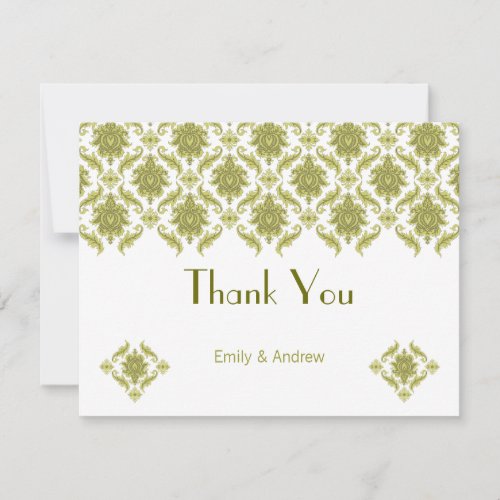 Elegant Olive Green Floral Damask Wedding Thank You Card