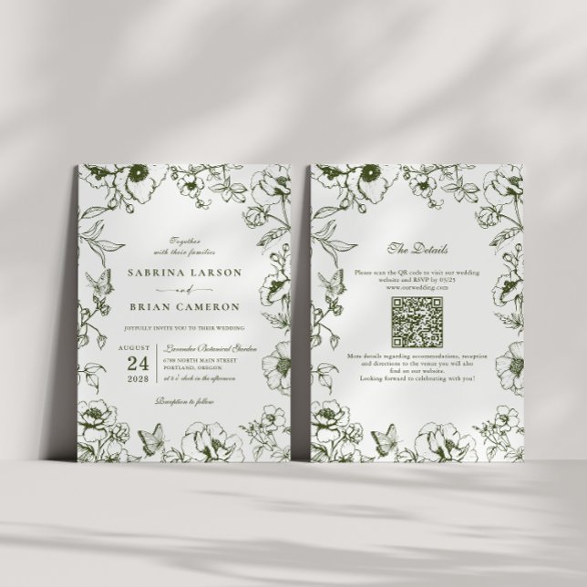 Elegant Olive Green Floral Garden QR Code Wedding Invitation (Creator Uploaded)
