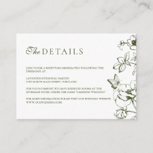 Elegant Olive Green Floral Garden Wedding Details Enclosure Card