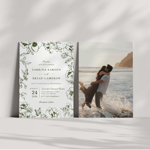 Elegant Olive Green Floral Garden Wedding Photo Invitation