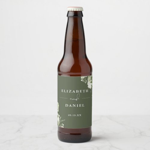 Elegant Olive Green Floral Greenery Wedding Beer Bottle Label