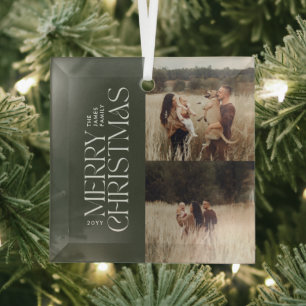 Elegant olive green foliage modern minimal photo glass ornament