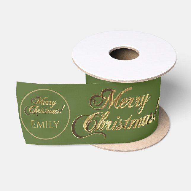 Elegant Olive Green Gold Add To or From Christmas Satin Ribbon (Spool)