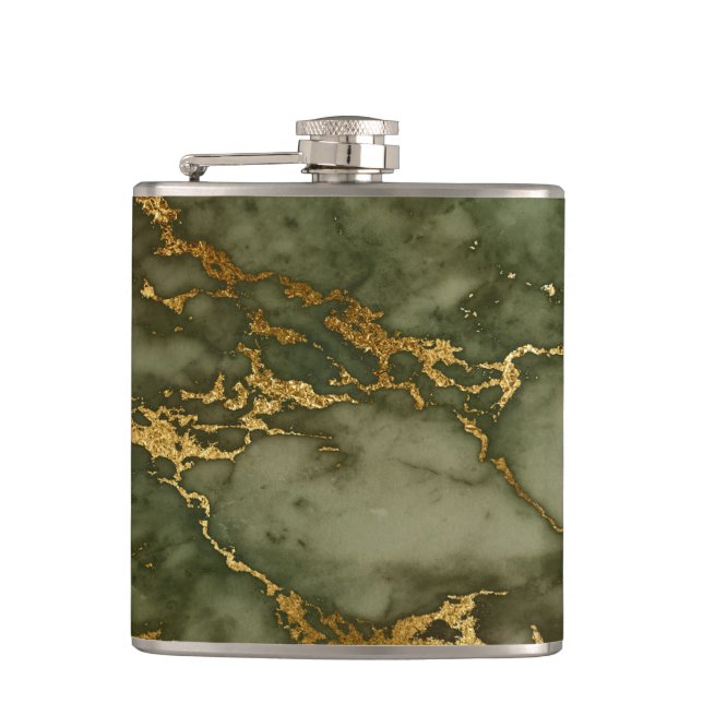 Elegant Olive Green Gold Faux Foil Marble Texture Flask (Front)