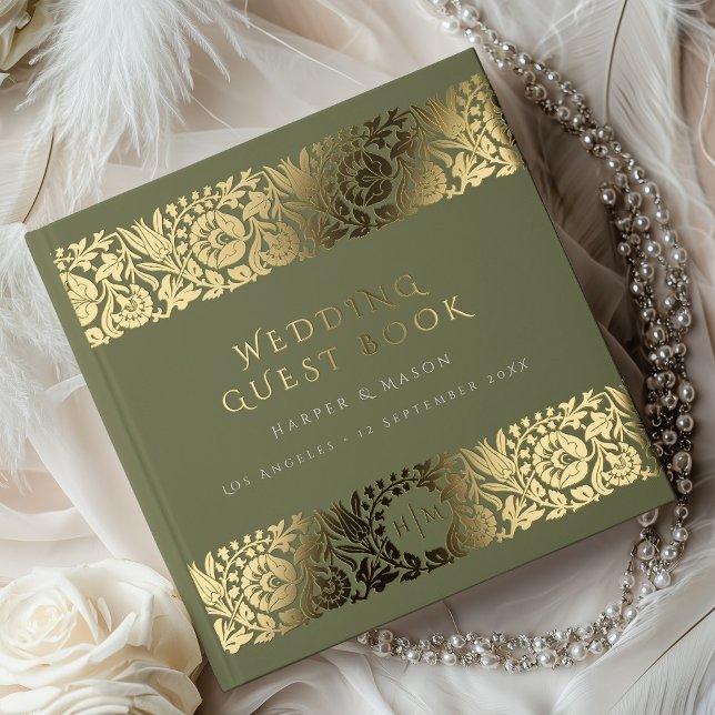 Elegant Olive Green & Gold Floral Wedding Foil Guest Book (Creator Uploaded)