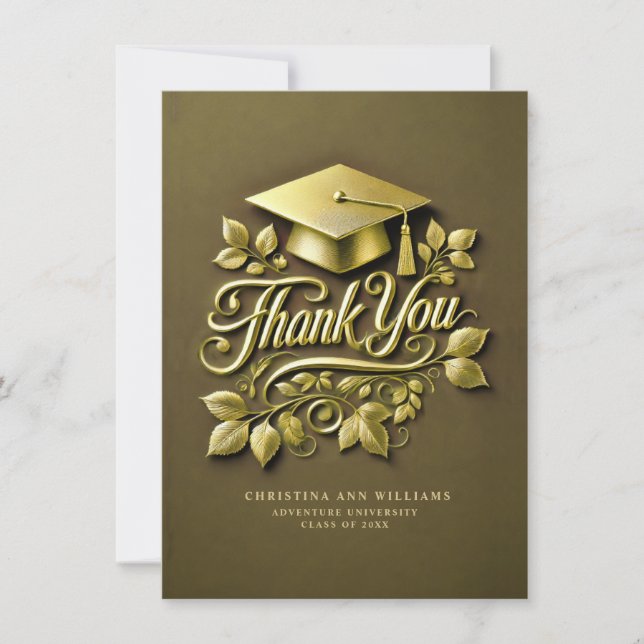 Elegant Olive Green Gold Grad Cap Leaf Graduation Thank You Card (Front)