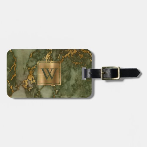 Elegant Olive Green Gold Marble Monogram Luggage Tag