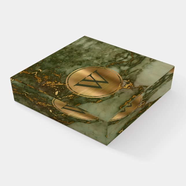 Elegant Olive Green Gold Marble Monogram Paperweight (Angled)