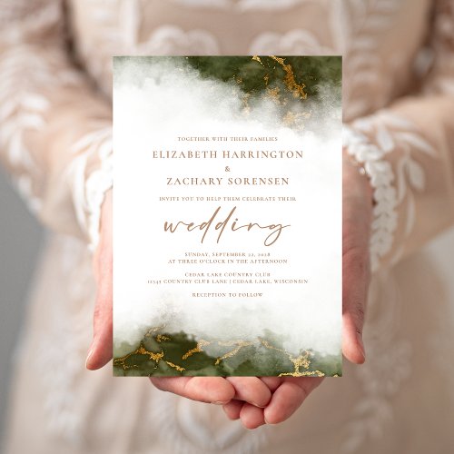 Elegant Olive Green Gold Marble Wedding Invitation