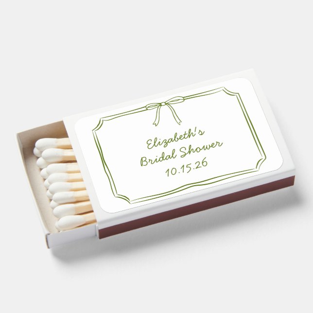 Elegant Olive Green Hand Drawn Bow Bridal Shower Matchboxes (Front Open)