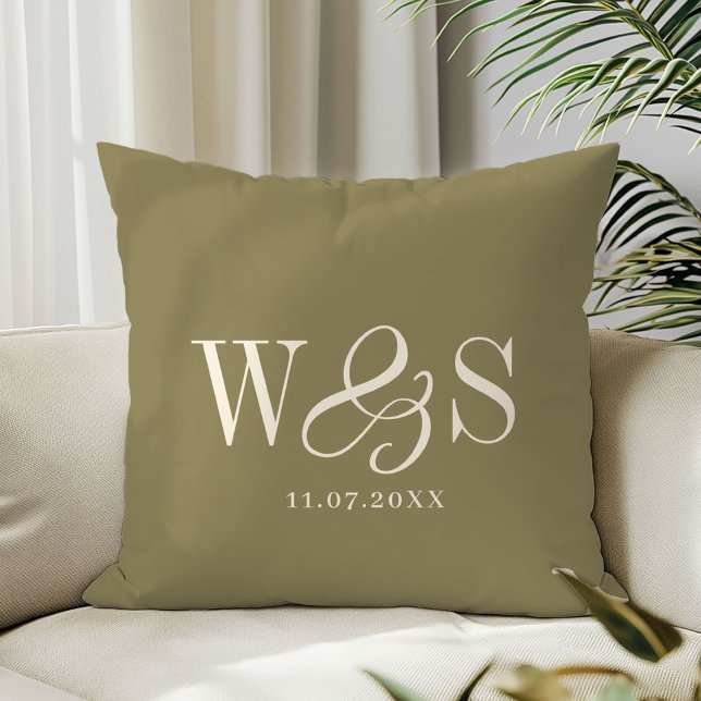 Elegant olive green initial wedding couples throw pillow (Creator Uploaded)