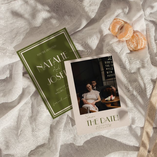 Elegant Olive Green Ivory Old Money Photo Wedding Save The Date (Creator Uploaded)