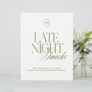 Elegant Olive Green Late Night Snacks Sign