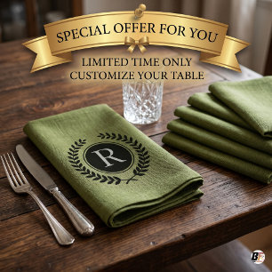 Elegant Olive Green Laurel Wreath Custom Monogram Cloth Napkin