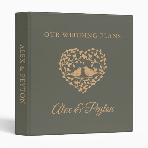 Elegant Olive Green Love Birds Heart Wedding Plans 3 Ring Binder