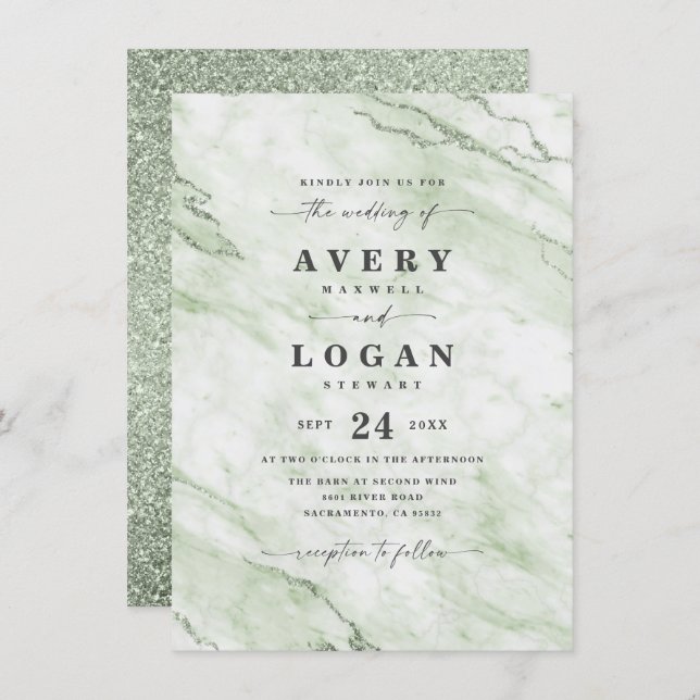 Elegant Olive Green Marble & Glitter Wedding Invitation (Front/Back)