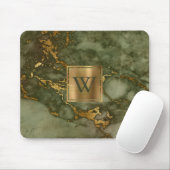 Elegant Olive Green Marble Gold Monogram Mouse Pad (With Mouse)
