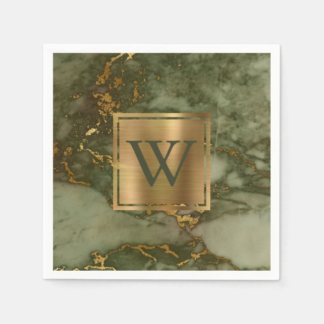 Elegant Olive Green Marble Gold Monogram Napkins (Front)