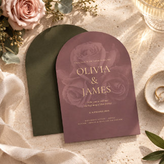 Elegant Olive Green & Mauve Floral Wedding  Invitation